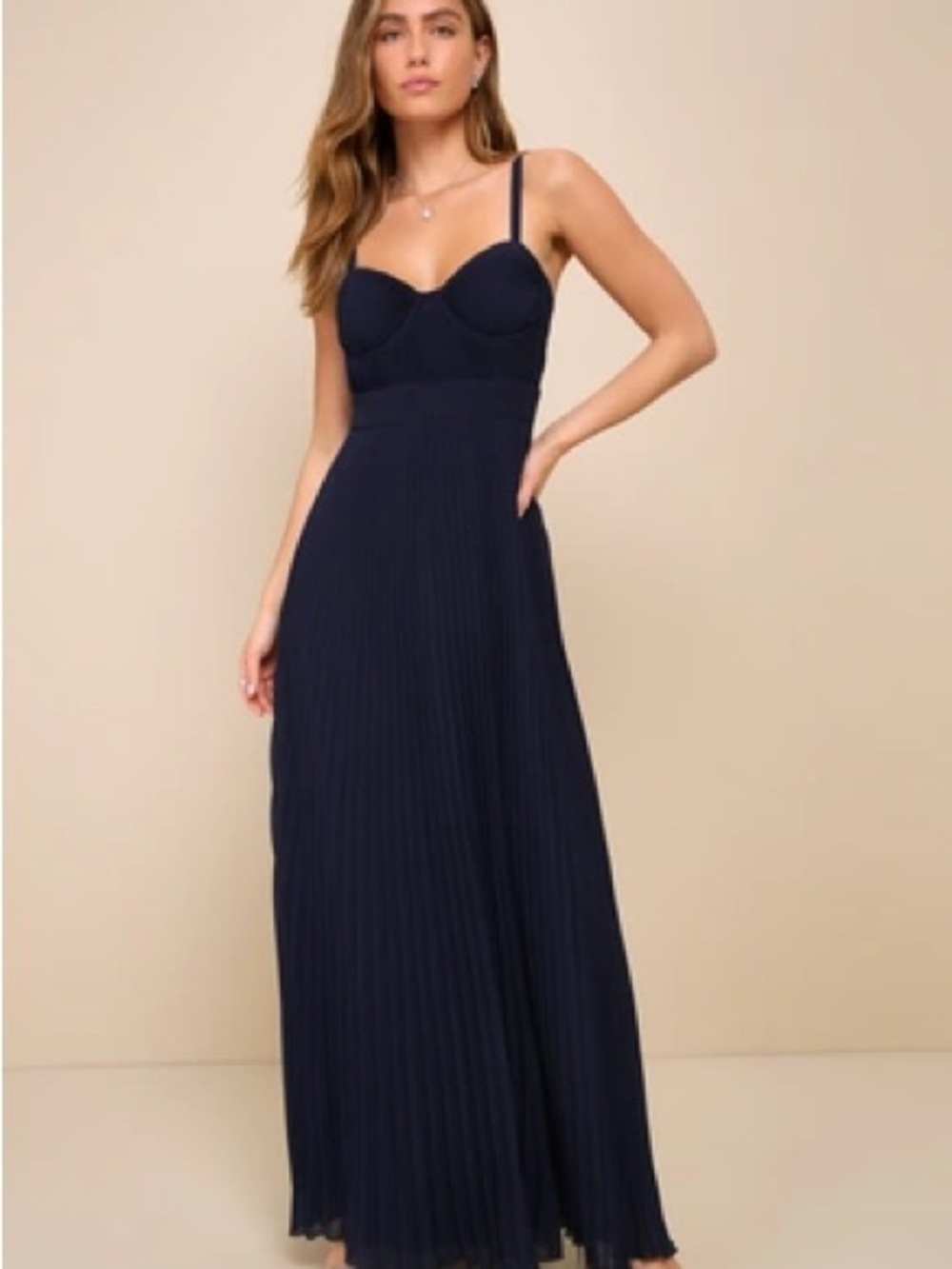 Lulu’s Navy Pleated Maxi Dress with Bustier Bodice